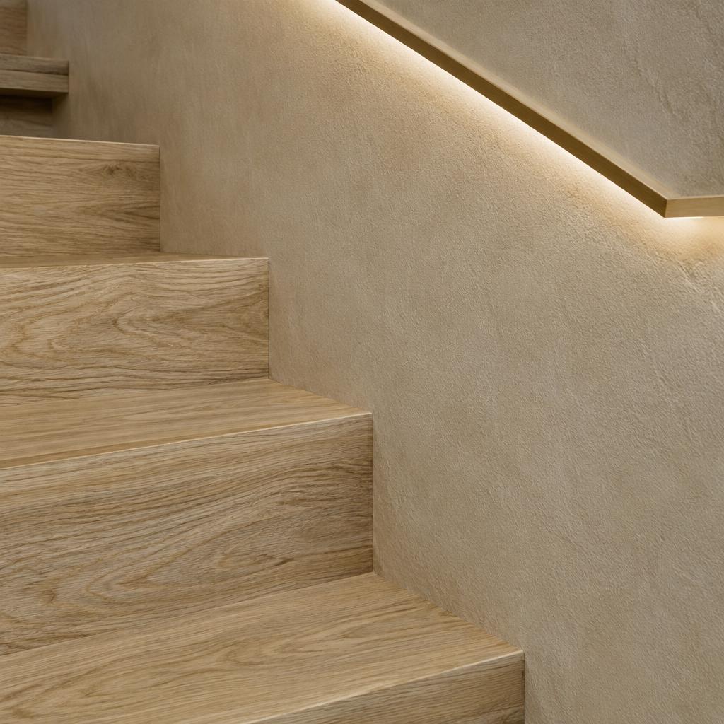 Oak stair and plaster wall
