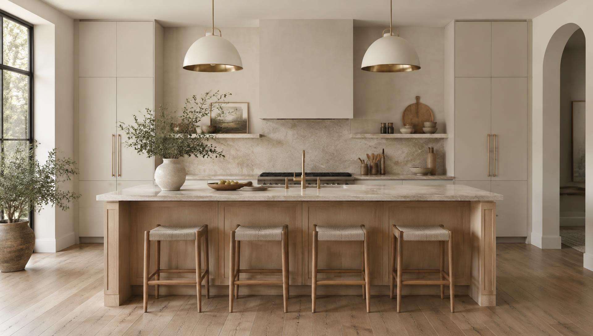 Warm neutral kitchen with oak island and stone countertops