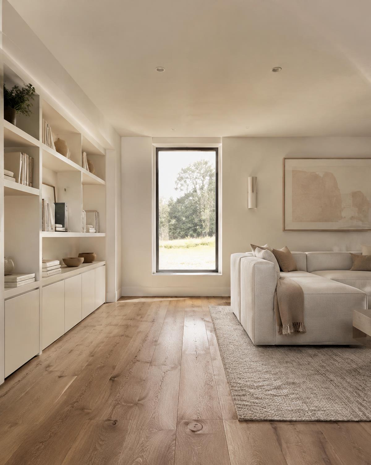 Calm living room with built-in shelving
